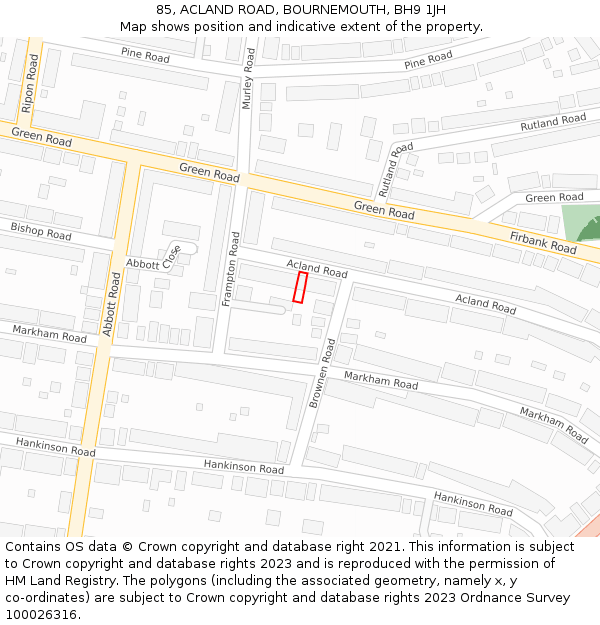 85, ACLAND ROAD, BOURNEMOUTH, BH9 1JH: Location map and indicative extent of plot