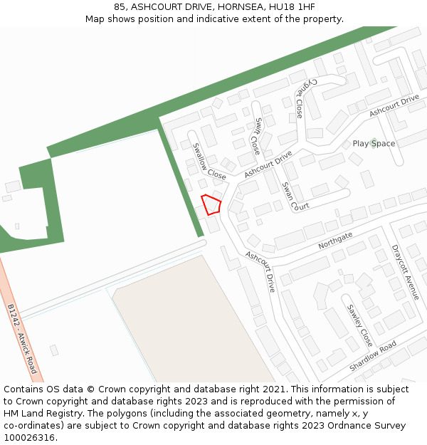 85, ASHCOURT DRIVE, HORNSEA, HU18 1HF: Location map and indicative extent of plot