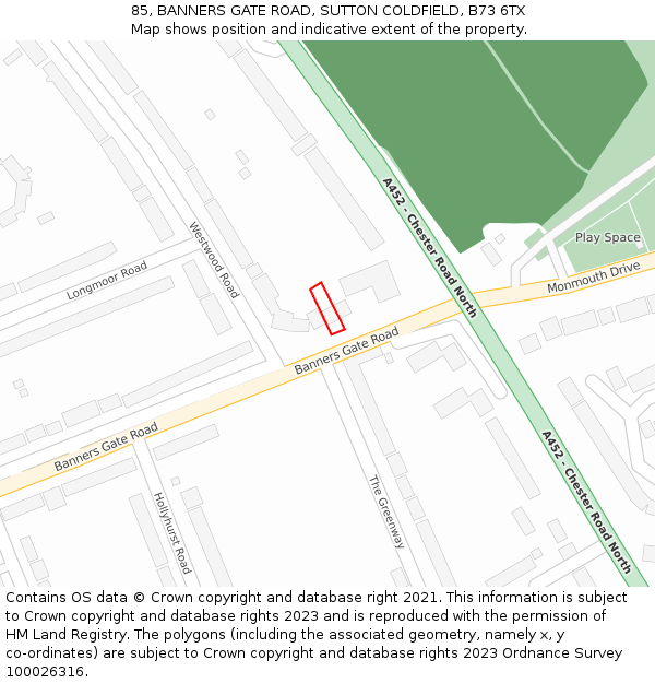 85, BANNERS GATE ROAD, SUTTON COLDFIELD, B73 6TX: Location map and indicative extent of plot