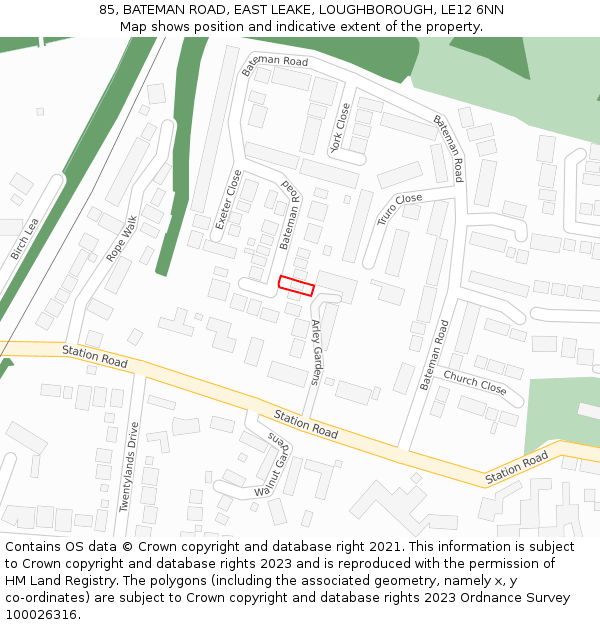 85, BATEMAN ROAD, EAST LEAKE, LOUGHBOROUGH, LE12 6NN: Location map and indicative extent of plot