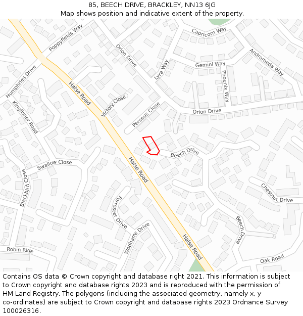85, BEECH DRIVE, BRACKLEY, NN13 6JG: Location map and indicative extent of plot