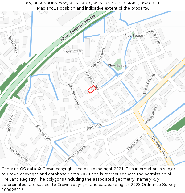 85, BLACKBURN WAY, WEST WICK, WESTON-SUPER-MARE, BS24 7GT: Location map and indicative extent of plot