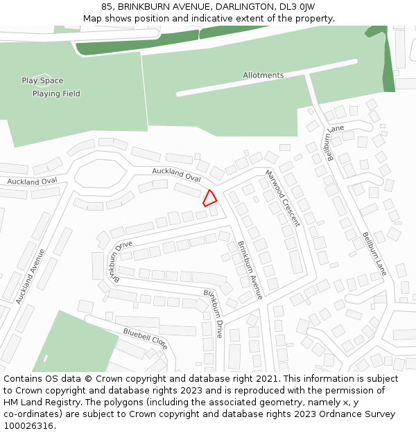 85, BRINKBURN AVENUE, DARLINGTON, DL3 0JW: Location map and indicative extent of plot
