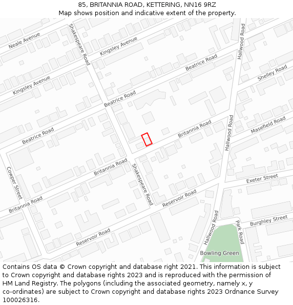 85, BRITANNIA ROAD, KETTERING, NN16 9RZ: Location map and indicative extent of plot