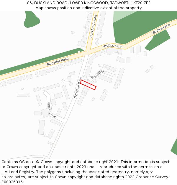 85, BUCKLAND ROAD, LOWER KINGSWOOD, TADWORTH, KT20 7EF: Location map and indicative extent of plot