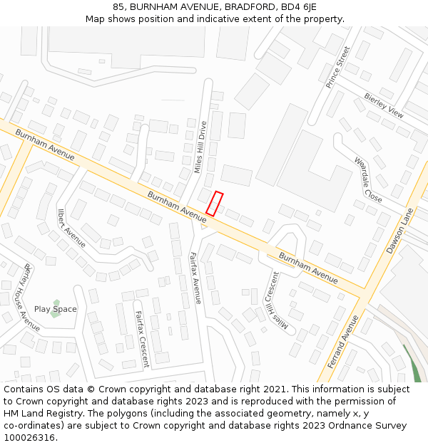 85, BURNHAM AVENUE, BRADFORD, BD4 6JE: Location map and indicative extent of plot