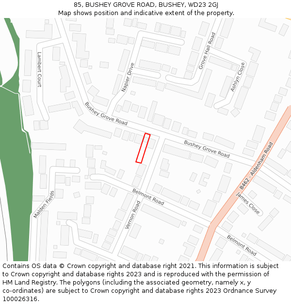 85, BUSHEY GROVE ROAD, BUSHEY, WD23 2GJ: Location map and indicative extent of plot