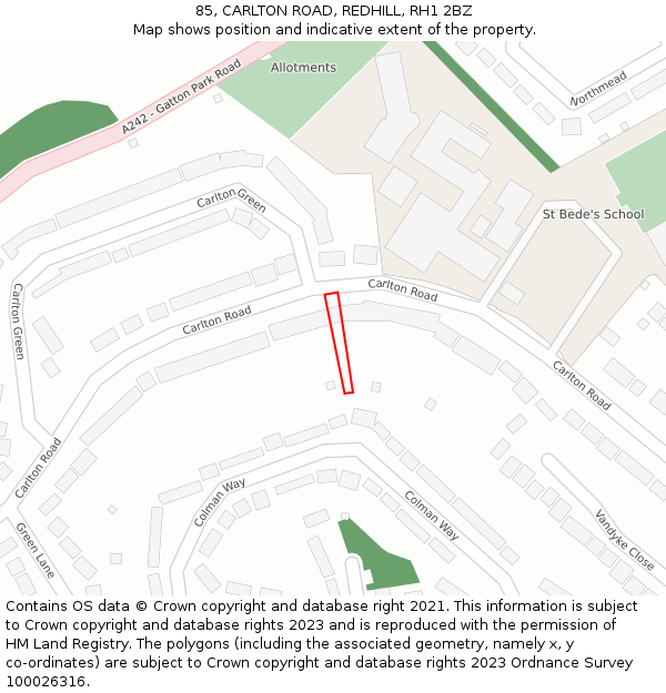 85, CARLTON ROAD, REDHILL, RH1 2BZ: Location map and indicative extent of plot