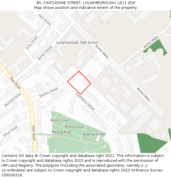 85, CASTLEDINE STREET, LOUGHBOROUGH, LE11 2DX: Location map and indicative extent of plot