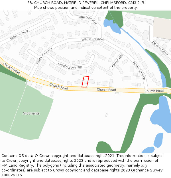 85, CHURCH ROAD, HATFIELD PEVEREL, CHELMSFORD, CM3 2LB: Location map and indicative extent of plot