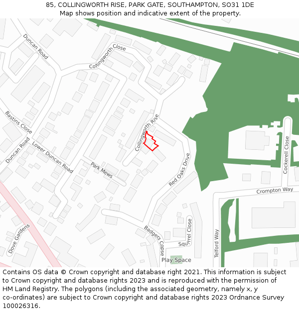 85, COLLINGWORTH RISE, PARK GATE, SOUTHAMPTON, SO31 1DE: Location map and indicative extent of plot