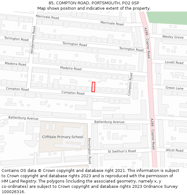 85, COMPTON ROAD, PORTSMOUTH, PO2 0SP: Location map and indicative extent of plot