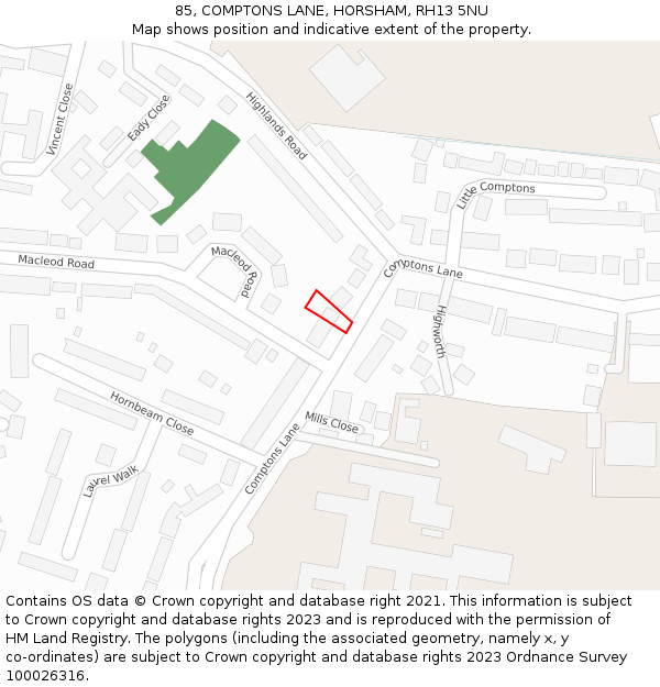 85, COMPTONS LANE, HORSHAM, RH13 5NU: Location map and indicative extent of plot