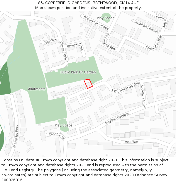 85, COPPERFIELD GARDENS, BRENTWOOD, CM14 4UE: Location map and indicative extent of plot