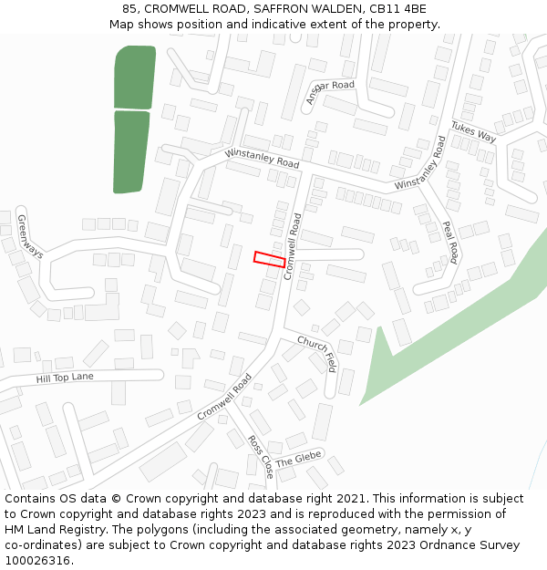 85, CROMWELL ROAD, SAFFRON WALDEN, CB11 4BE: Location map and indicative extent of plot