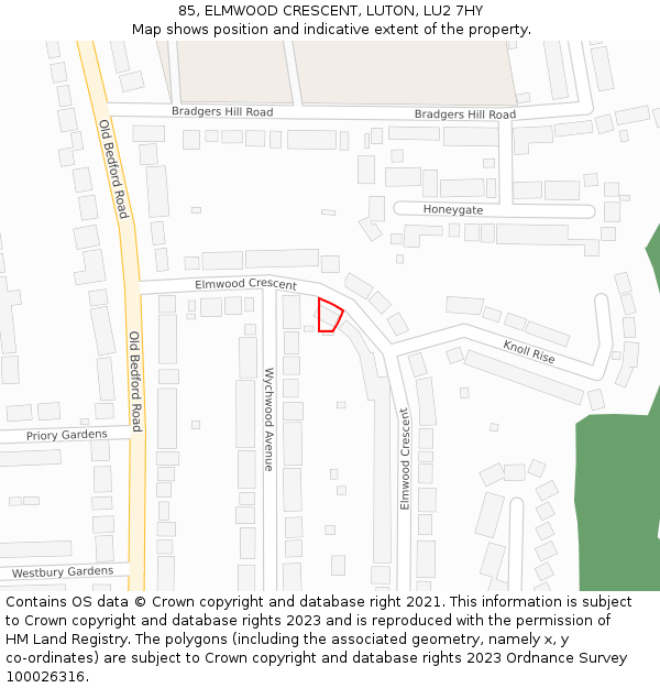 85, ELMWOOD CRESCENT, LUTON, LU2 7HY: Location map and indicative extent of plot