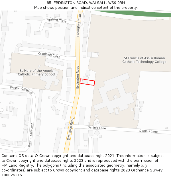 85, ERDINGTON ROAD, WALSALL, WS9 0RN: Location map and indicative extent of plot