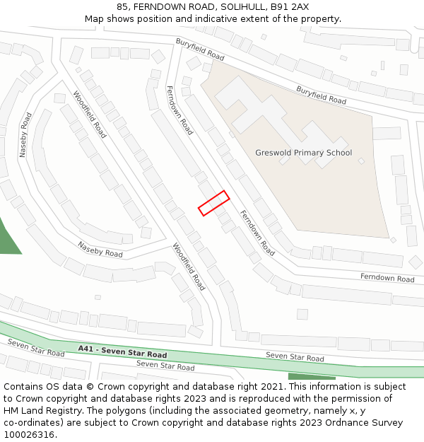 85, FERNDOWN ROAD, SOLIHULL, B91 2AX: Location map and indicative extent of plot