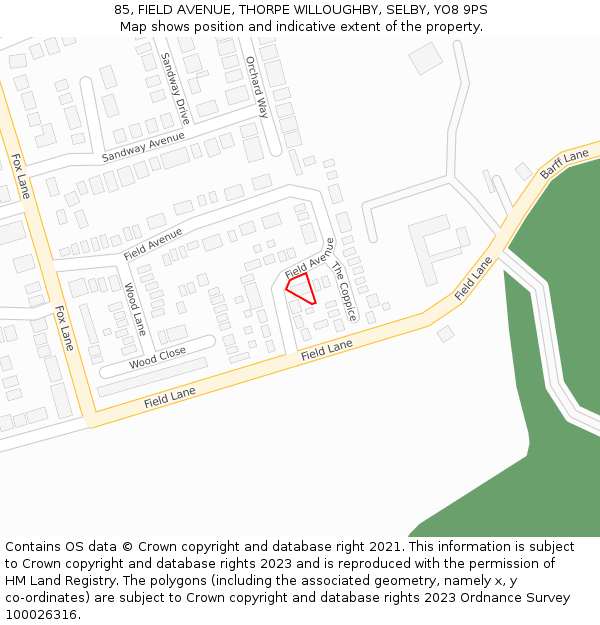 85, FIELD AVENUE, THORPE WILLOUGHBY, SELBY, YO8 9PS: Location map and indicative extent of plot