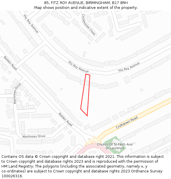 85, FITZ ROY AVENUE, BIRMINGHAM, B17 8RH: Location map and indicative extent of plot