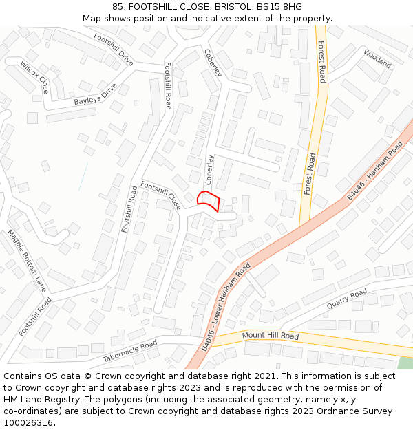 85, FOOTSHILL CLOSE, BRISTOL, BS15 8HG: Location map and indicative extent of plot