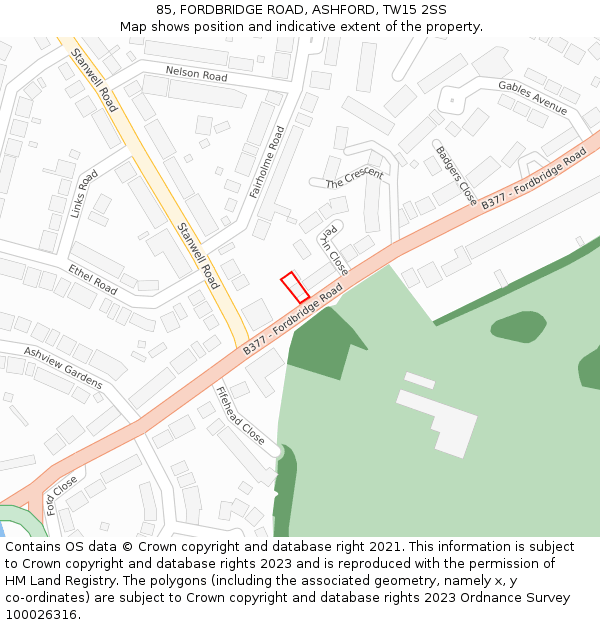 85, FORDBRIDGE ROAD, ASHFORD, TW15 2SS: Location map and indicative extent of plot