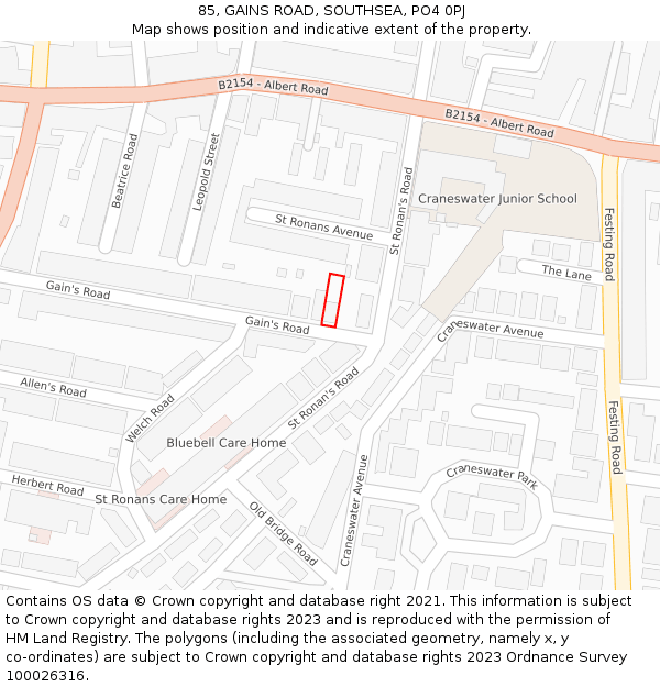 85, GAINS ROAD, SOUTHSEA, PO4 0PJ: Location map and indicative extent of plot