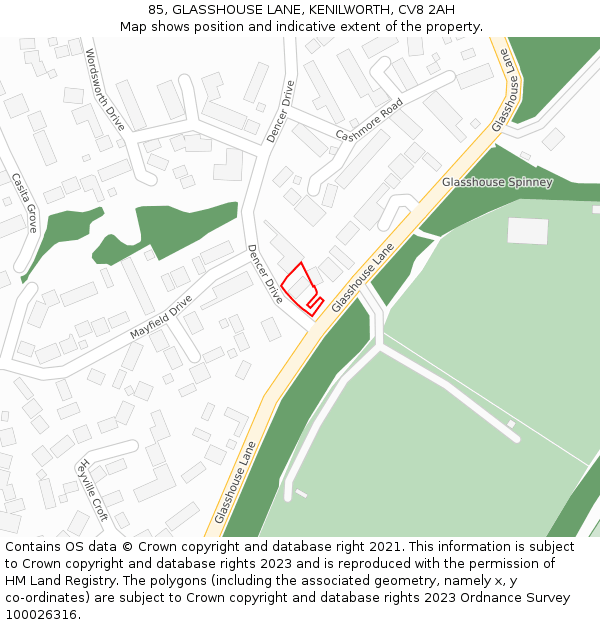 85, GLASSHOUSE LANE, KENILWORTH, CV8 2AH: Location map and indicative extent of plot