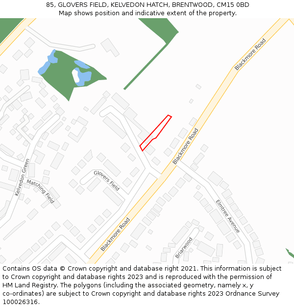 85, GLOVERS FIELD, KELVEDON HATCH, BRENTWOOD, CM15 0BD: Location map and indicative extent of plot