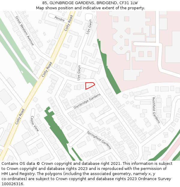 85, GLYNBRIDGE GARDENS, BRIDGEND, CF31 1LW: Location map and indicative extent of plot