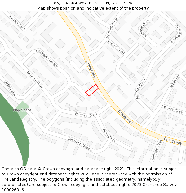 85, GRANGEWAY, RUSHDEN, NN10 9EW: Location map and indicative extent of plot