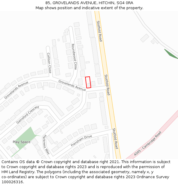 85, GROVELANDS AVENUE, HITCHIN, SG4 0RA: Location map and indicative extent of plot