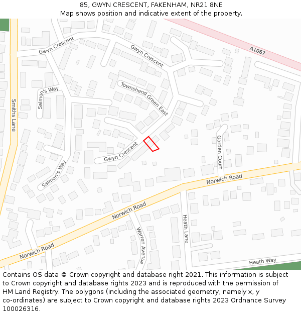 85, GWYN CRESCENT, FAKENHAM, NR21 8NE: Location map and indicative extent of plot
