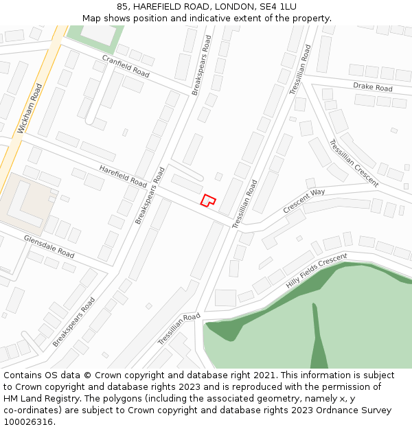 85, HAREFIELD ROAD, LONDON, SE4 1LU: Location map and indicative extent of plot