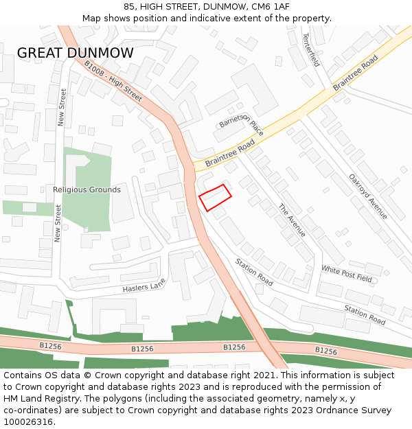 85, HIGH STREET, DUNMOW, CM6 1AF: Location map and indicative extent of plot