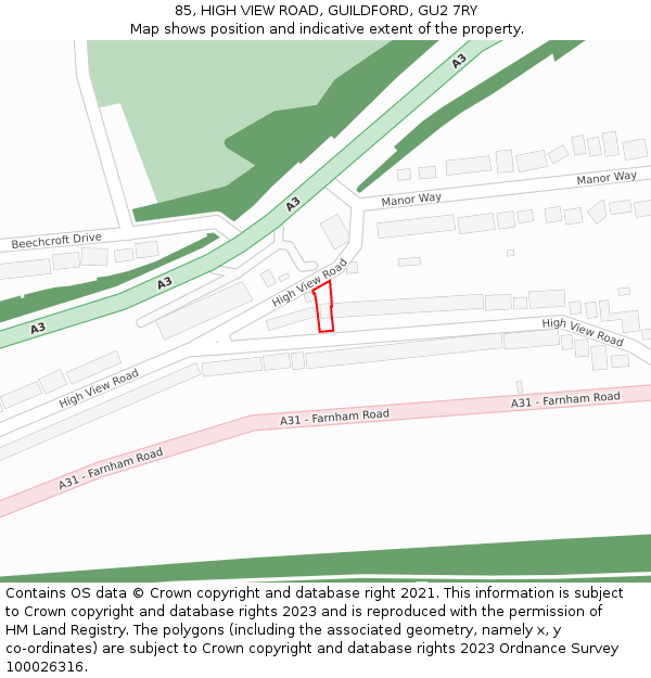 85, HIGH VIEW ROAD, GUILDFORD, GU2 7RY: Location map and indicative extent of plot