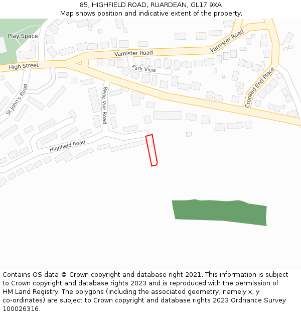 85, HIGHFIELD ROAD, RUARDEAN, GL17 9XA: Location map and indicative extent of plot