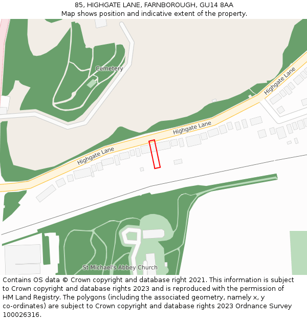 85, HIGHGATE LANE, FARNBOROUGH, GU14 8AA: Location map and indicative extent of plot