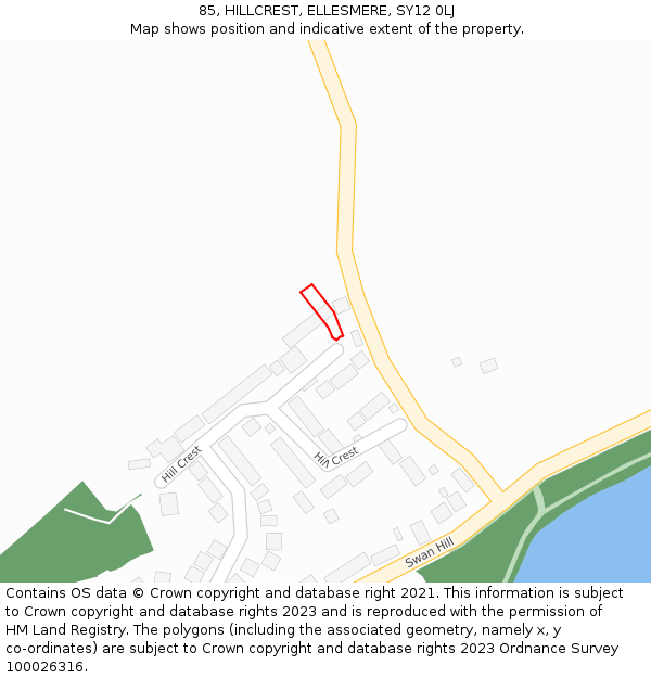 85, HILLCREST, ELLESMERE, SY12 0LJ: Location map and indicative extent of plot