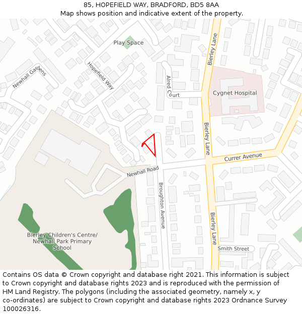 85, HOPEFIELD WAY, BRADFORD, BD5 8AA: Location map and indicative extent of plot