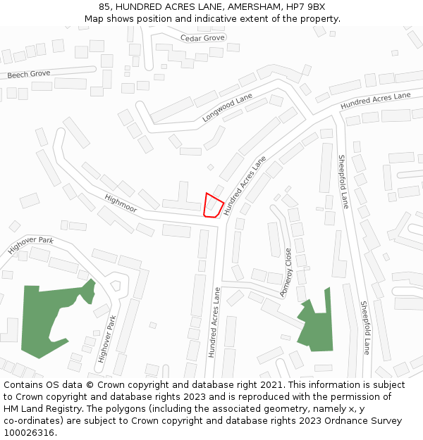 85, HUNDRED ACRES LANE, AMERSHAM, HP7 9BX: Location map and indicative extent of plot