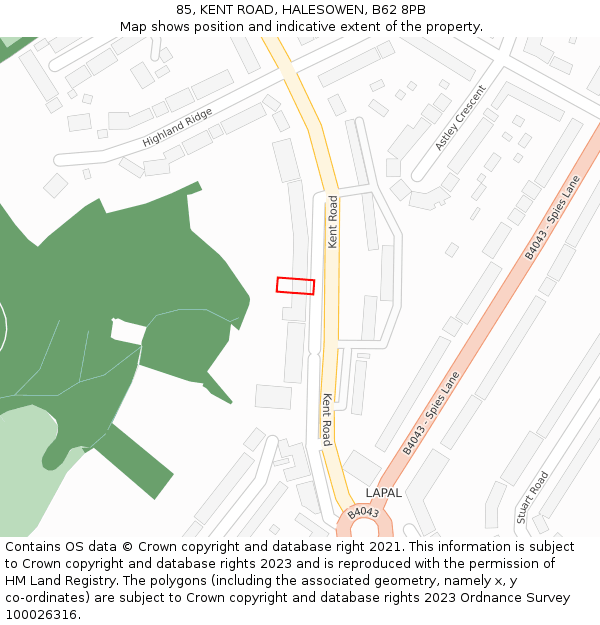 85, KENT ROAD, HALESOWEN, B62 8PB: Location map and indicative extent of plot