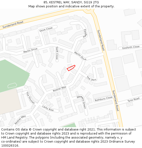 85, KESTREL WAY, SANDY, SG19 2TG: Location map and indicative extent of plot