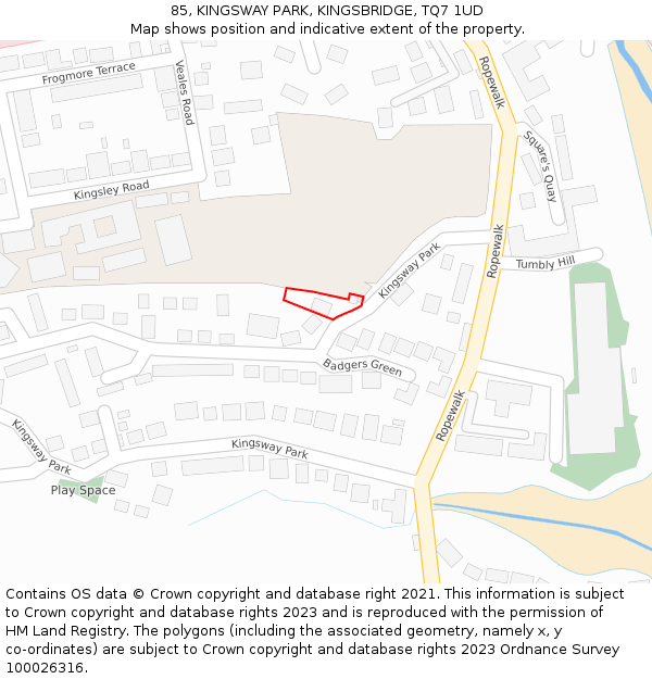 85, KINGSWAY PARK, KINGSBRIDGE, TQ7 1UD: Location map and indicative extent of plot