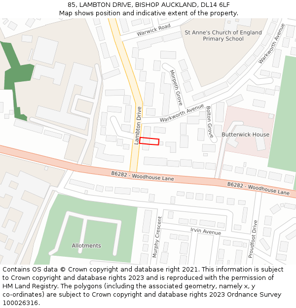 85, LAMBTON DRIVE, BISHOP AUCKLAND, DL14 6LF: Location map and indicative extent of plot