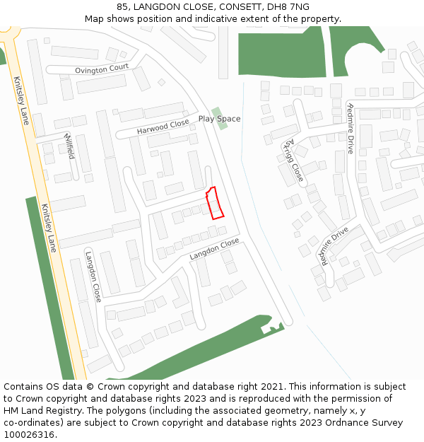 85, LANGDON CLOSE, CONSETT, DH8 7NG: Location map and indicative extent of plot