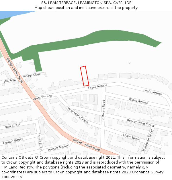 85, LEAM TERRACE, LEAMINGTON SPA, CV31 1DE: Location map and indicative extent of plot