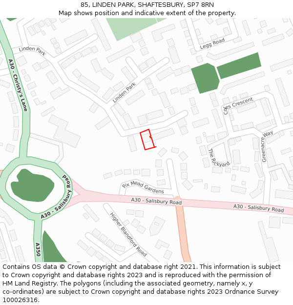 85, LINDEN PARK, SHAFTESBURY, SP7 8RN: Location map and indicative extent of plot