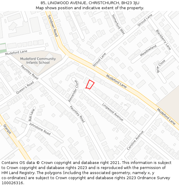 85, LINGWOOD AVENUE, CHRISTCHURCH, BH23 3JU: Location map and indicative extent of plot