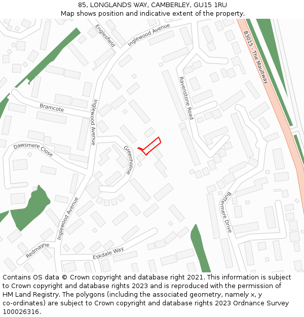 85, LONGLANDS WAY, CAMBERLEY, GU15 1RU: Location map and indicative extent of plot